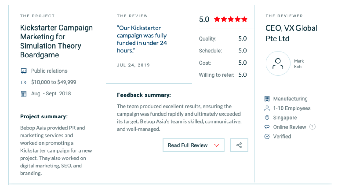 Detailed review by a satisfied Bebop Asia PR client